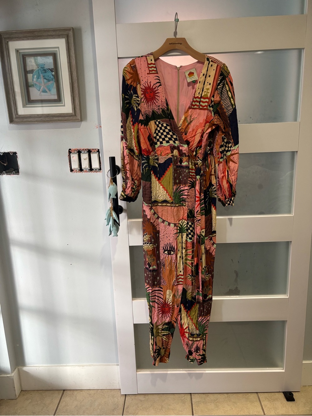 FARM Rio mystic city  Peach Tropical Wrap Jumpsuit with Green & Navy Accents
